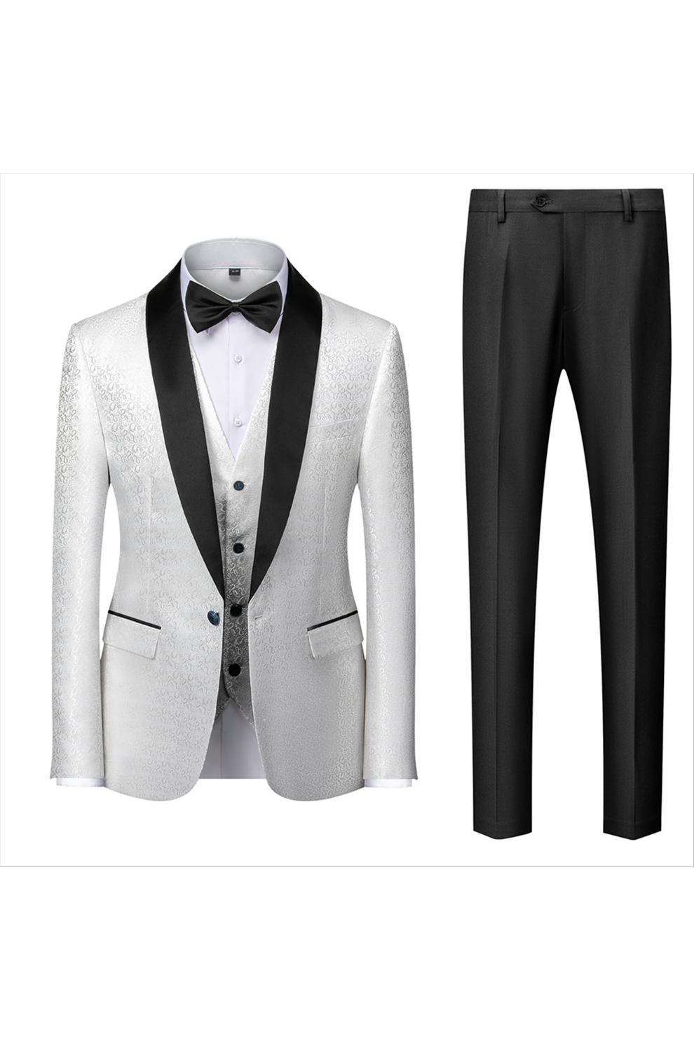 Black and White Floral Jacquard Wedding Suit with Shawl Lapel-BallBride