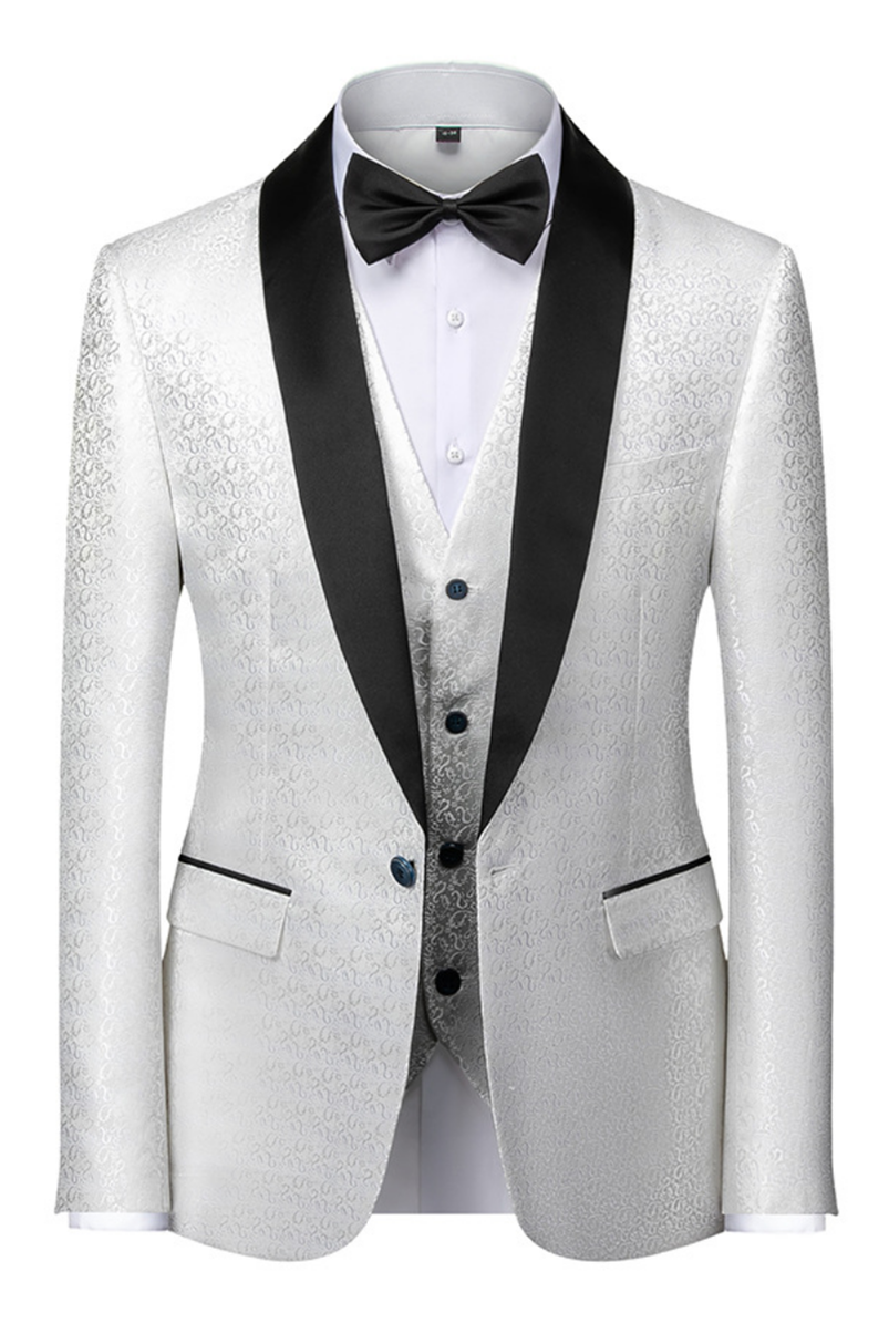 Black and White Floral Jacquard Wedding Suit with Shawl Lapel-BallBride