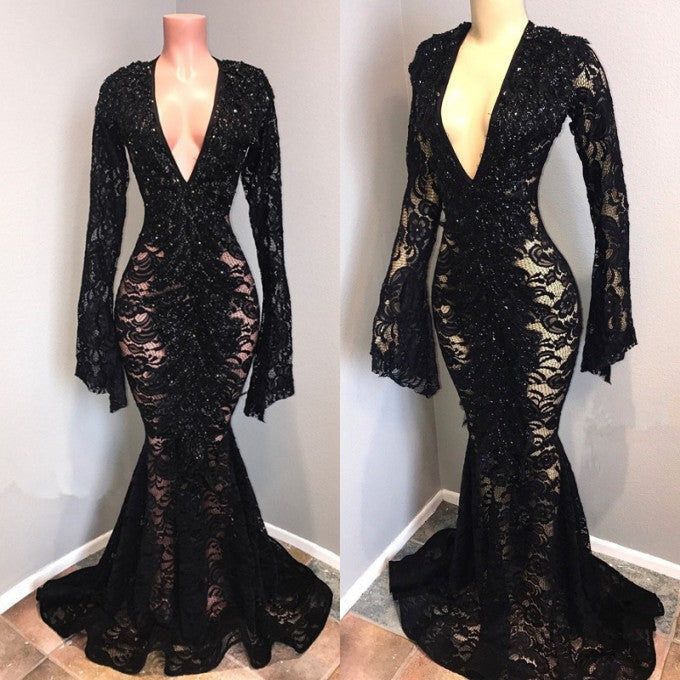 Black Deep V-Neck Long Sleeves Lace Sheer Floor Length Prom Dress-BallBride