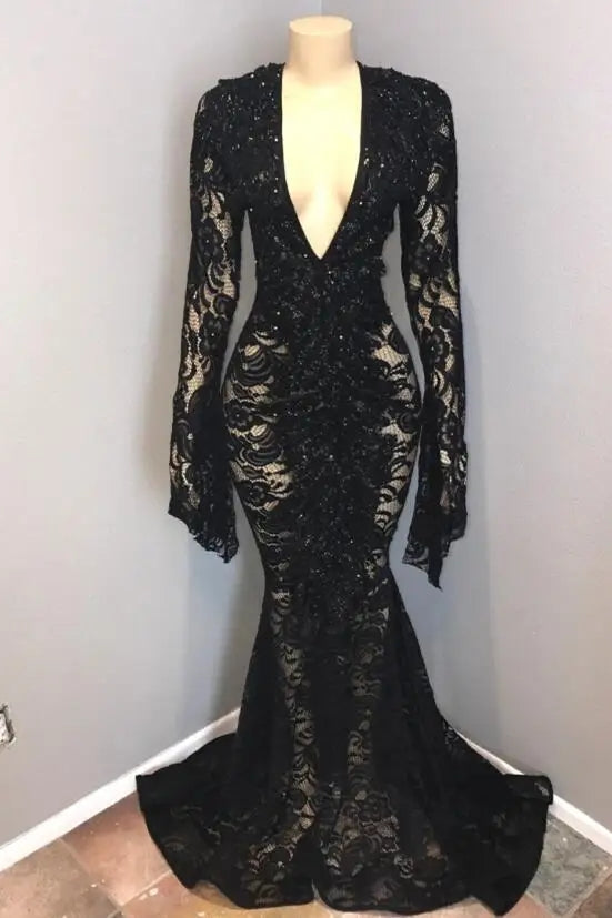 Black Deep V-Neck Long Sleeves Lace Sheer Floor Length Prom Dress-BallBride