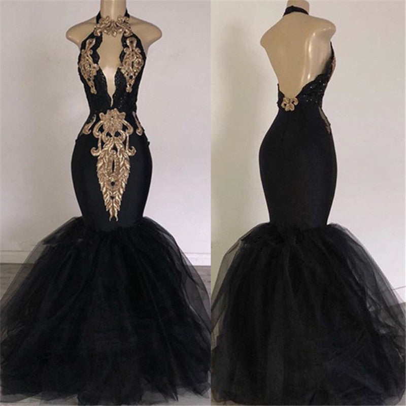 Black Halter Open Back Appliques Mermaid Prom Dress-BallBride