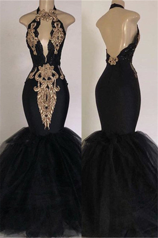 Black Halter Open Back Appliques Mermaid Prom Dress-BallBride