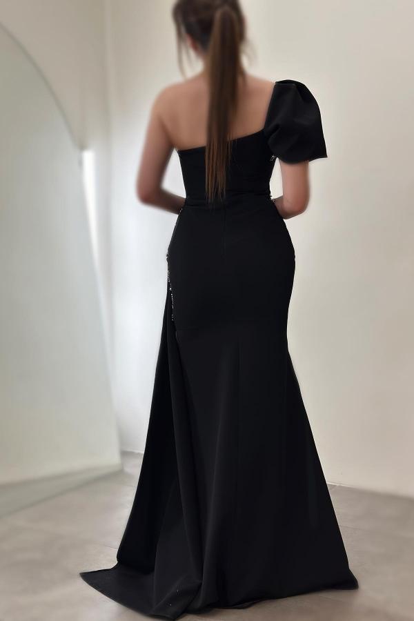Black Long Mermaid One Shoulder Floor-Length Split Front Satin Prom Dresses-BallBride