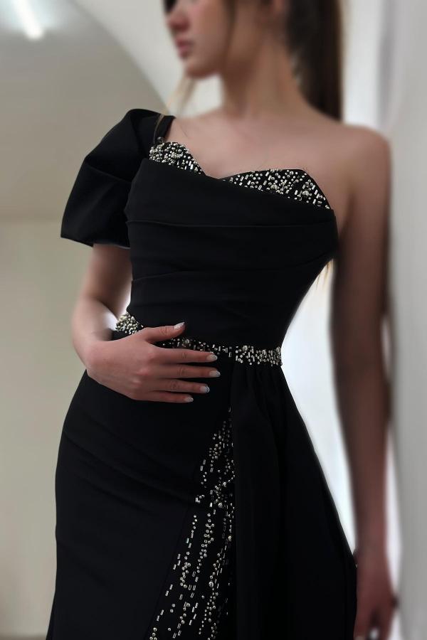 Black Long Mermaid One Shoulder Floor-Length Split Front Satin Prom Dresses-BallBride