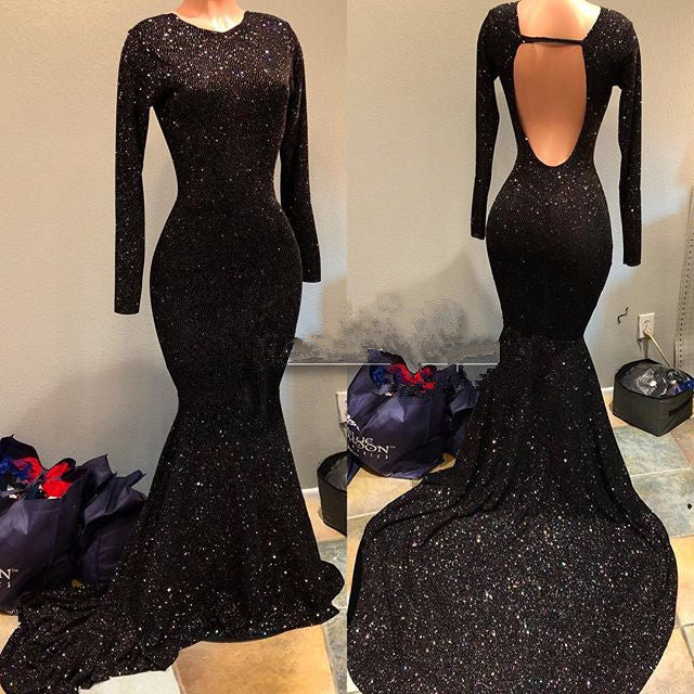 Black Long Sleeves Jewel Sequins Open Back Sexy Prom Dress-BallBride