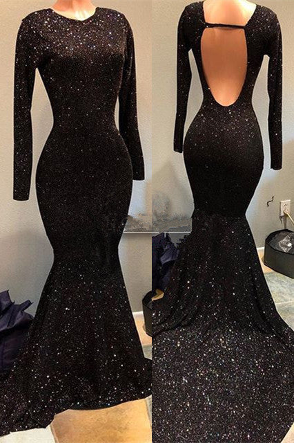 Black Long Sleeves Jewel Sequins Open Back Sexy Prom Dress-BallBride