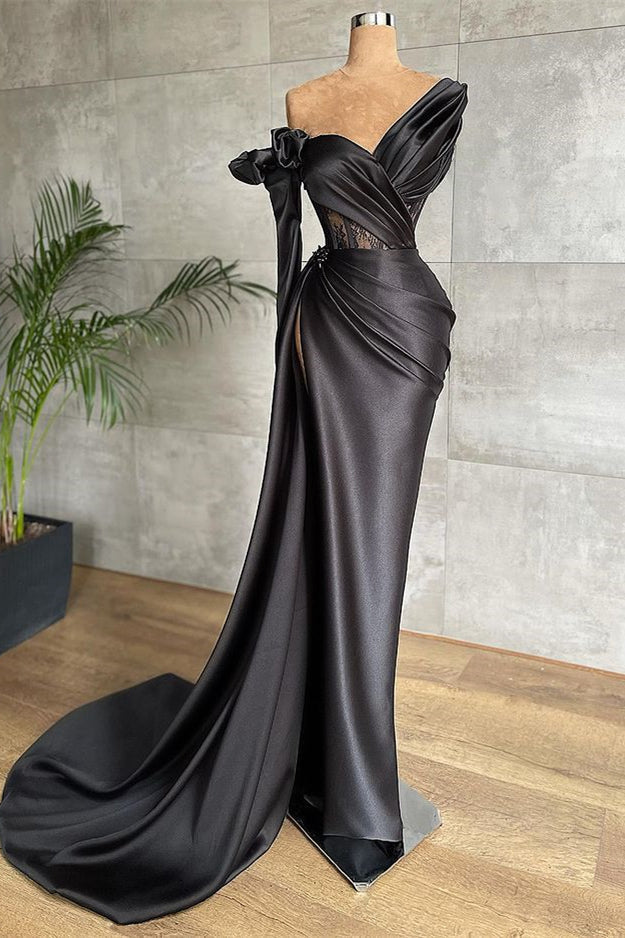 Black Long Sleeves Mermaid One Shoulder Satin Formal Prom Dress-BallBride