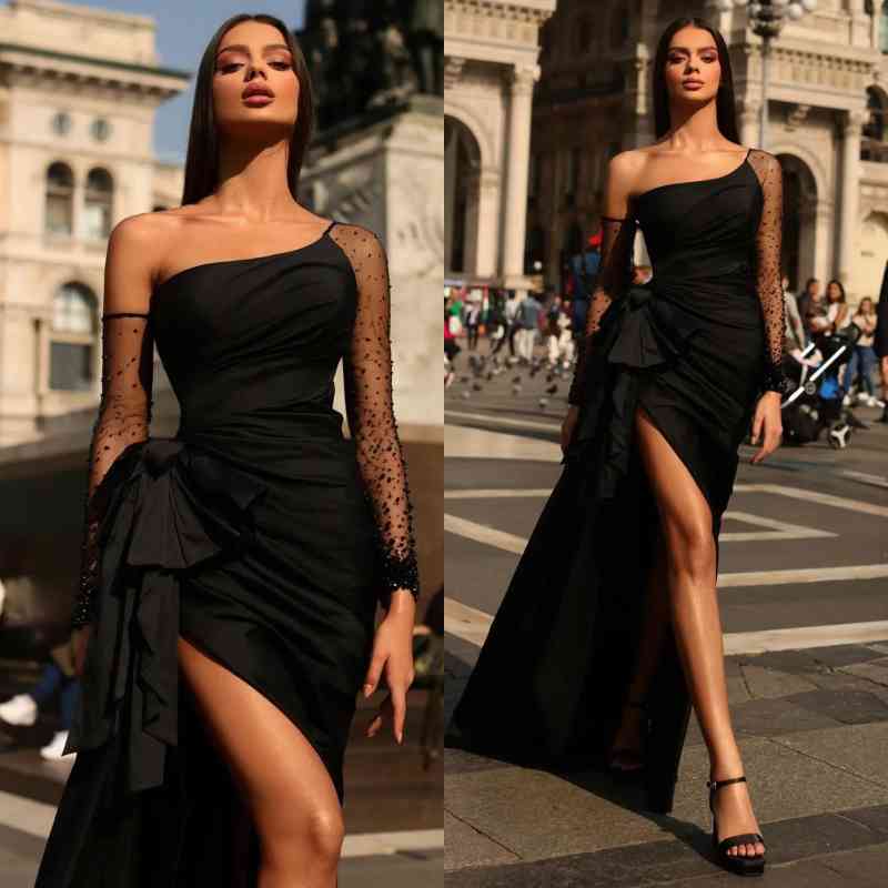 Black Long Sleeves Mermaid Prom Dress with Beads and High Split-BallBride