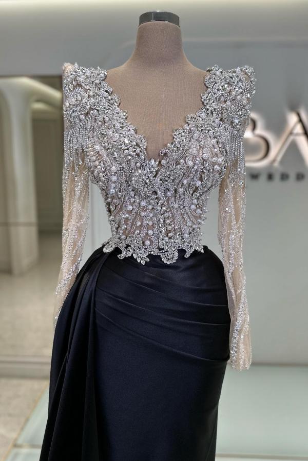 Black Long Sleeves Mermaid V-Neck Sequined Satin Prom Dresses with Beads-BallBride