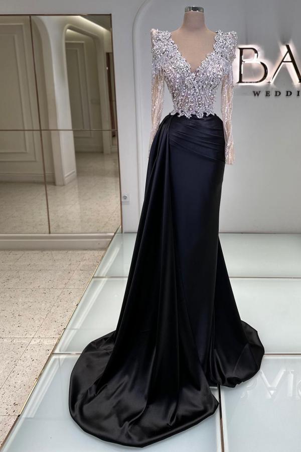 Black Long Sleeves Mermaid V-Neck Sequined Satin Prom Dresses with Beads-BallBride