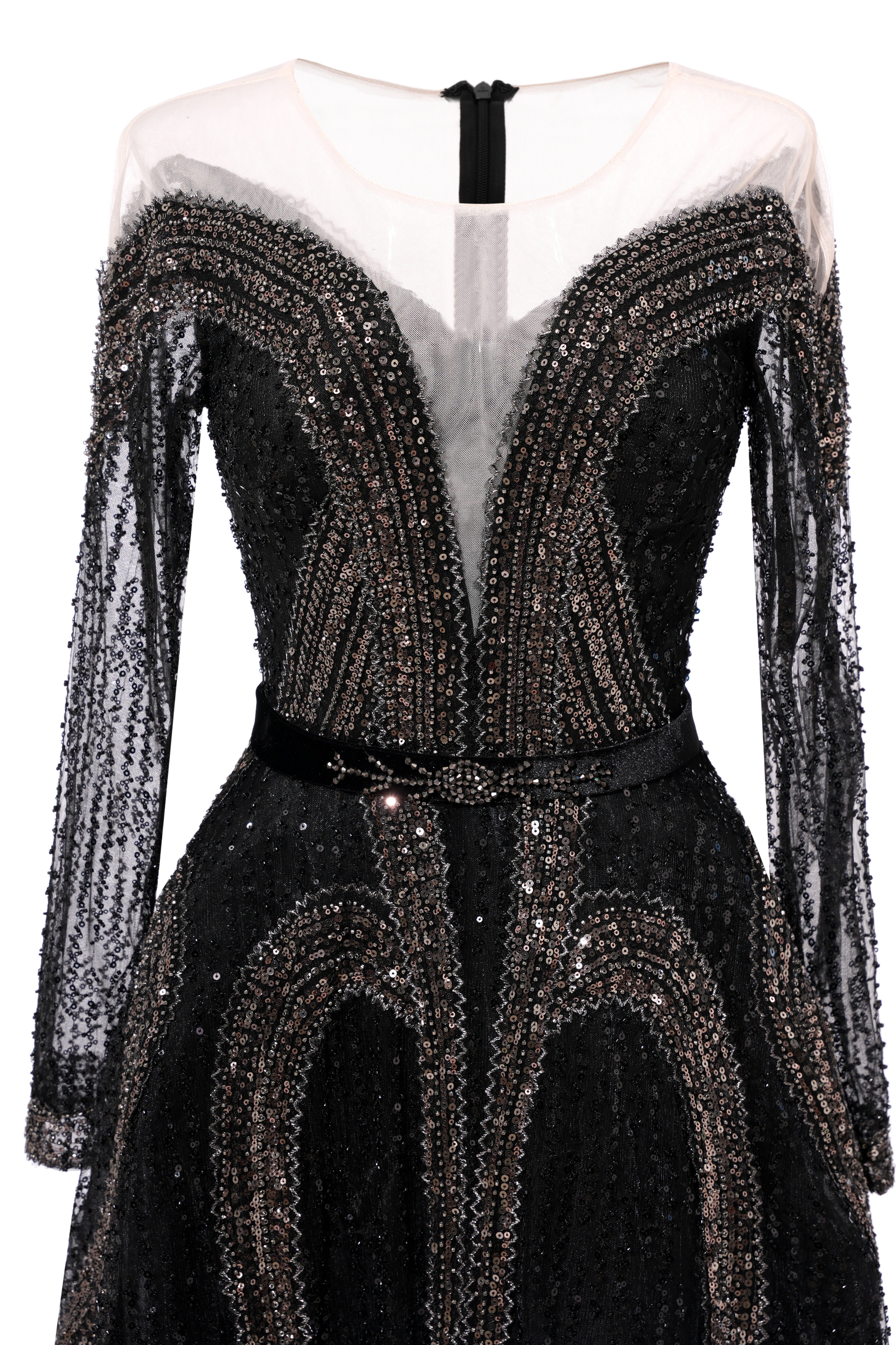 Black Long sleeves V-neck Luxury Sparkle Princess Evening Dresses-BallBride