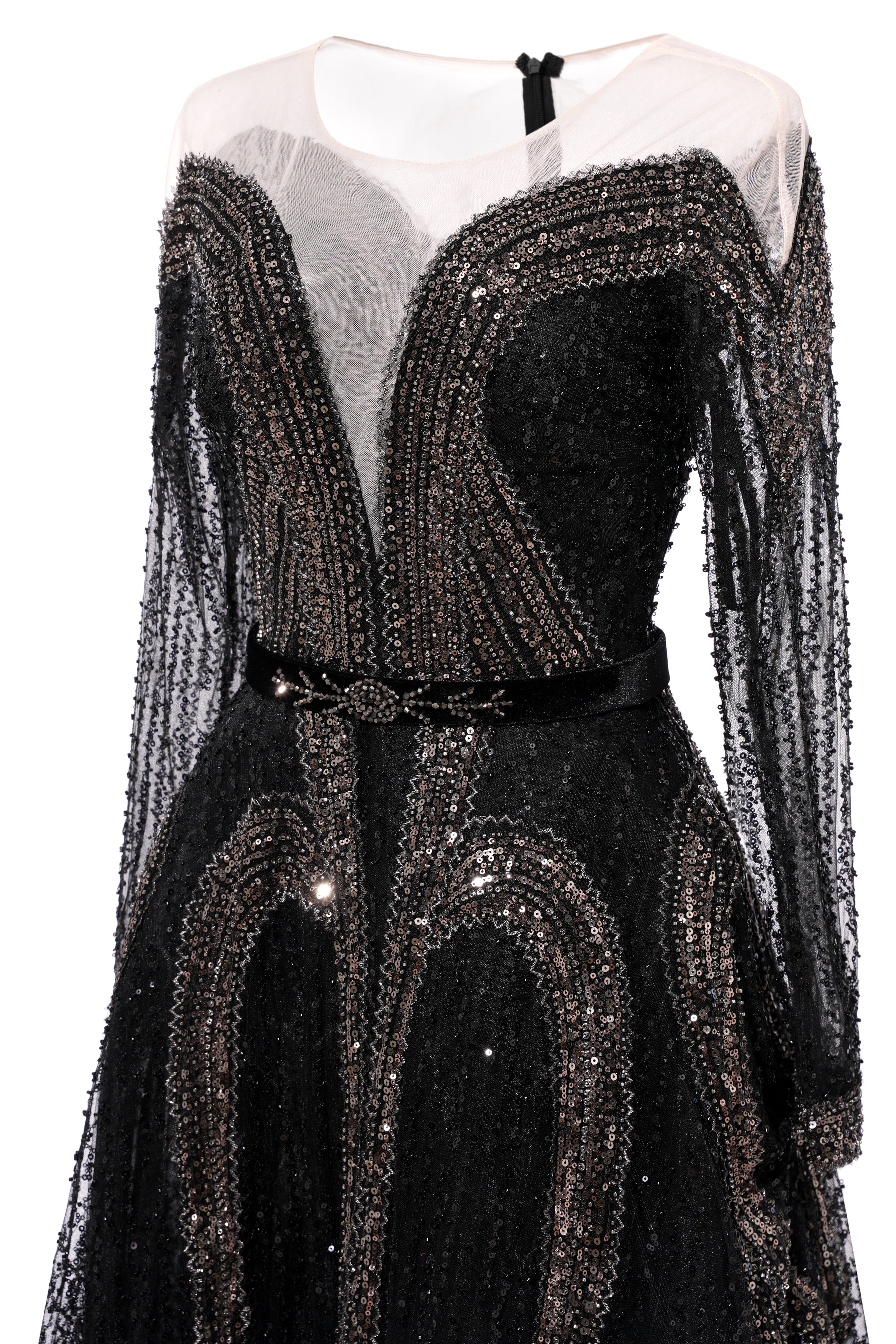 Black Long sleeves V-neck Luxury Sparkle Princess Evening Dresses-BallBride