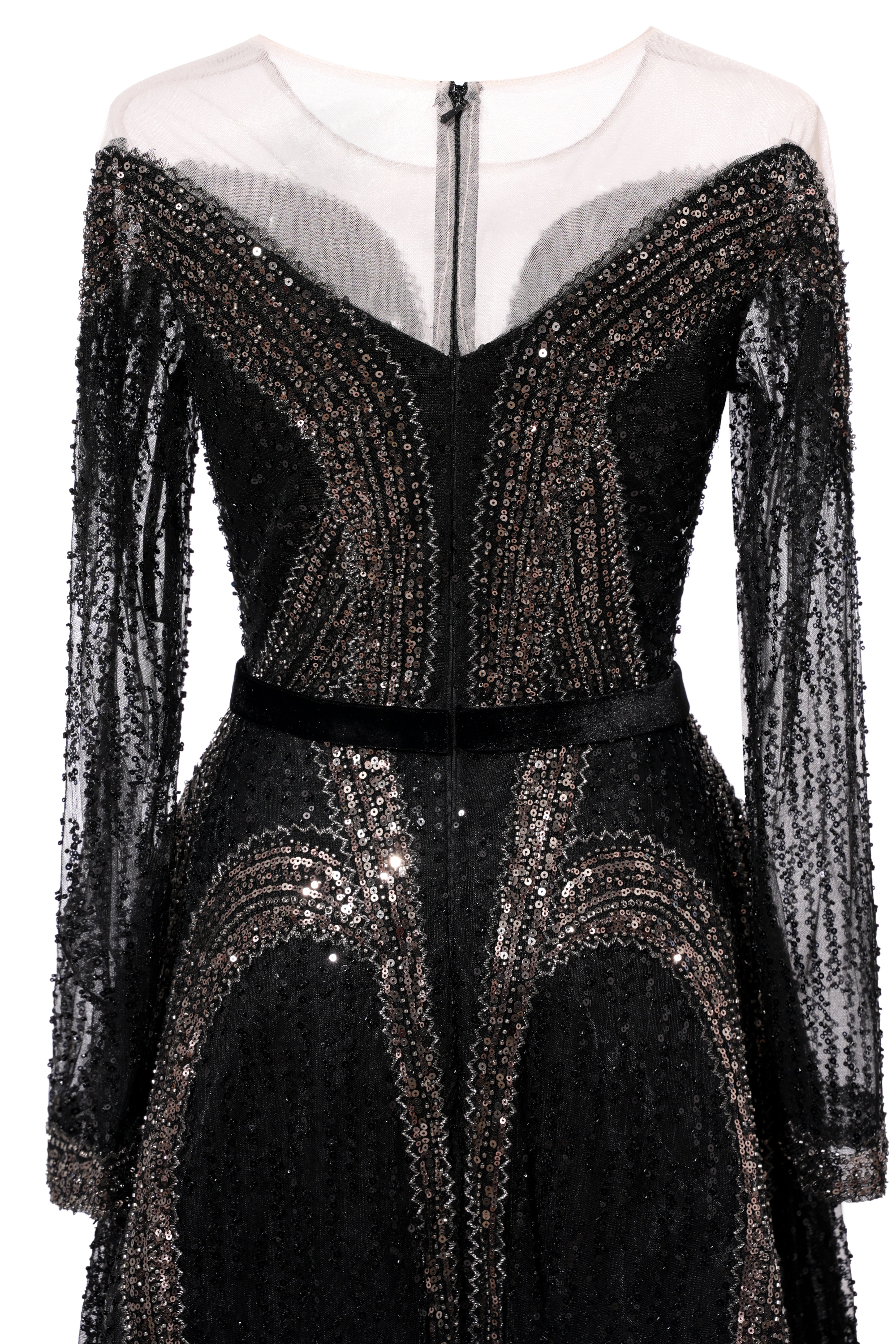 Black Long sleeves V-neck Luxury Sparkle Princess Evening Dresses-BallBride