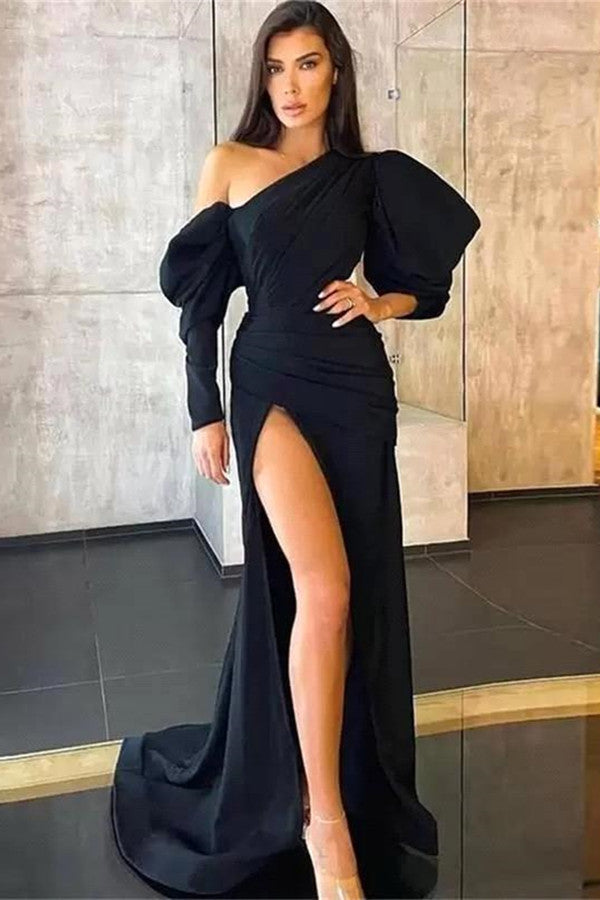 Black Mermaid Evening Dress with Split & Long Sleeve-BallBride