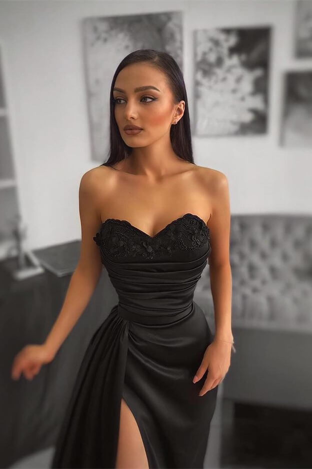 Black Mermaid Prom Dress - Elegant Split Long Sweetheart Pleats-BallBride