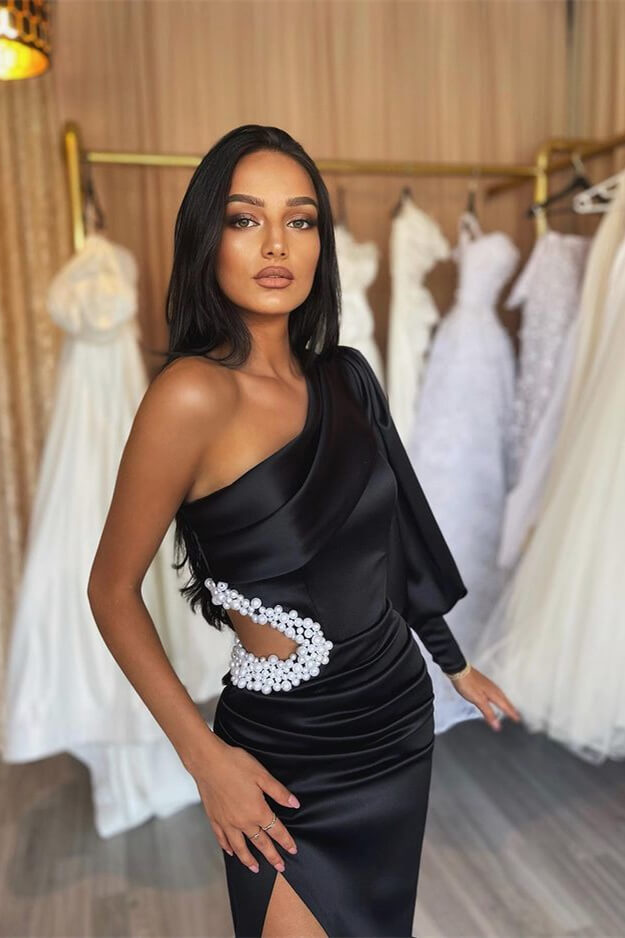 Black Mermaid Prom Dress with Beaded One Sleeve-BallBride
