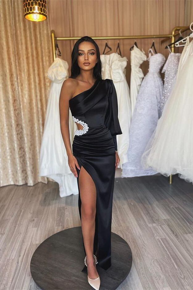 Black Mermaid Prom Dress with Beaded One Sleeve-BallBride