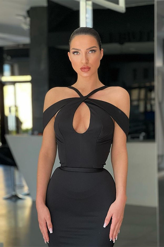 Black Off-The-Shoulder Halter Mermaid Evening Dress-BallBride