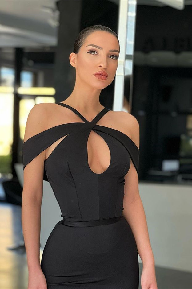Black Off-The-Shoulder Halter Mermaid Evening Dress-BallBride