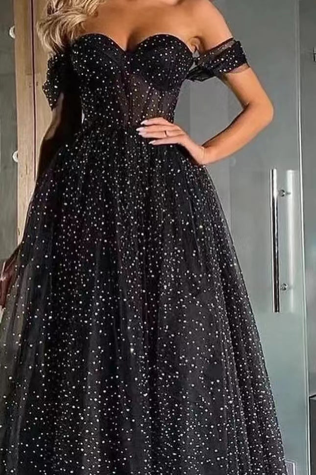 Black Off-The-Shoulder Sweetheart A-Line Prom Dress with Beads and Tulle-BallBride
