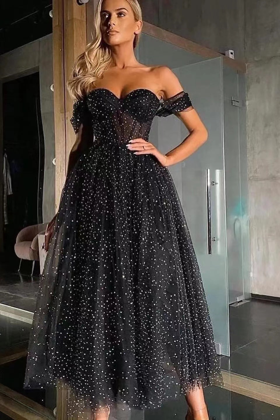 Black Off-The-Shoulder Sweetheart A-Line Prom Dress with Beads and Tulle-BallBride