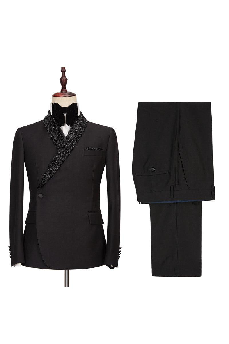 Black One Button Wedding Suits with Sparkly Shawl Lapel - Colby-BallBride
