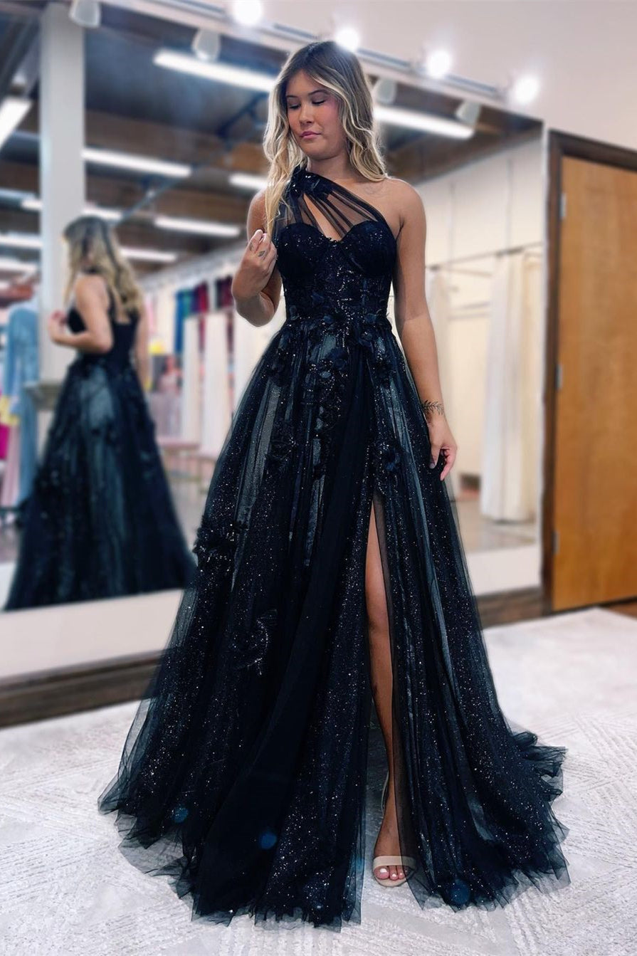 Black One Shoulder A Line Prom Dress with Side Split Tulle & Appliques-BallBride