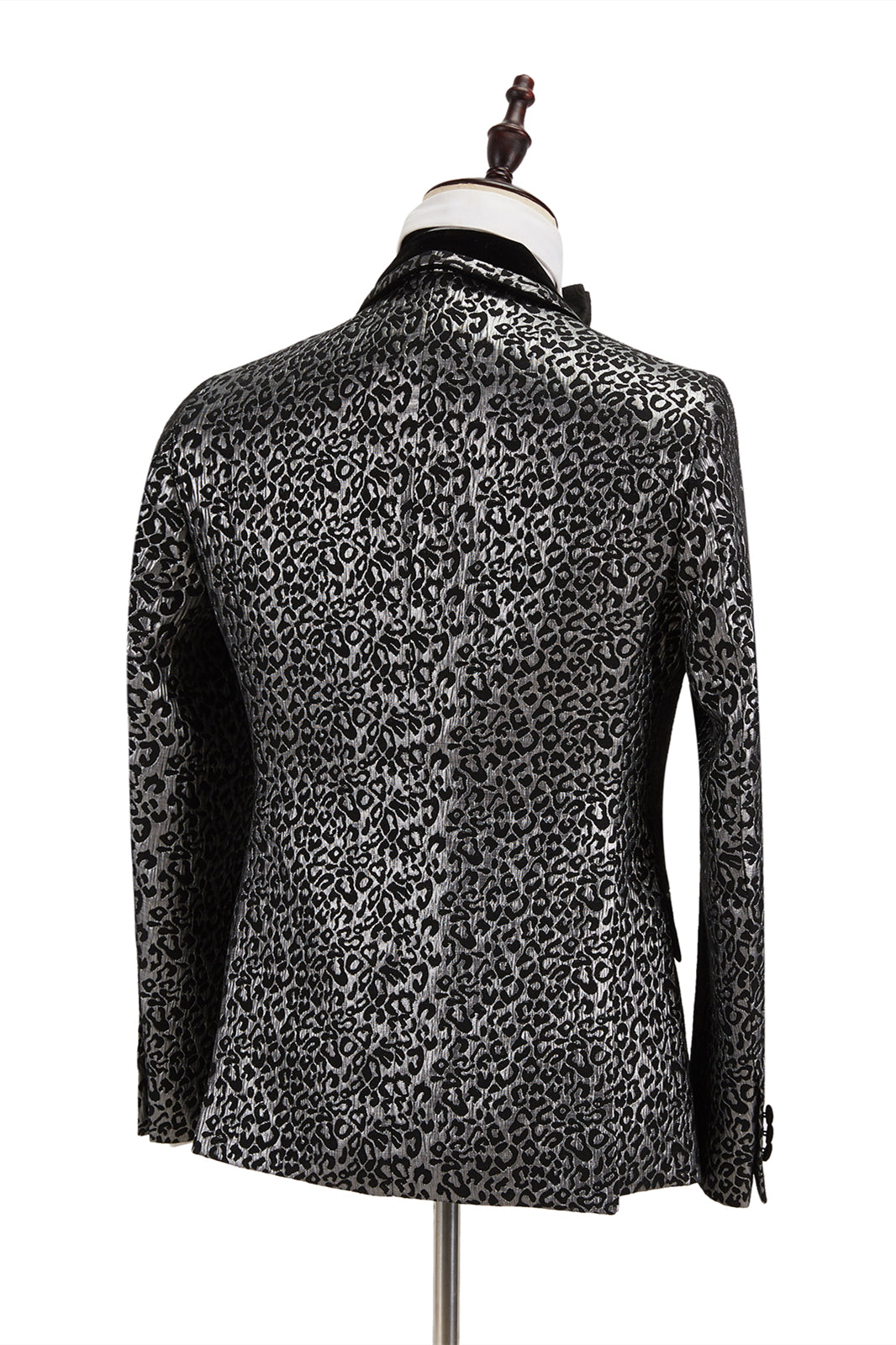 Black Stitching Silver Leopard Jacquard Men's Suit | Formal Shawl Lapel Double Breasted Wedding Suit with Shirt-BallBride