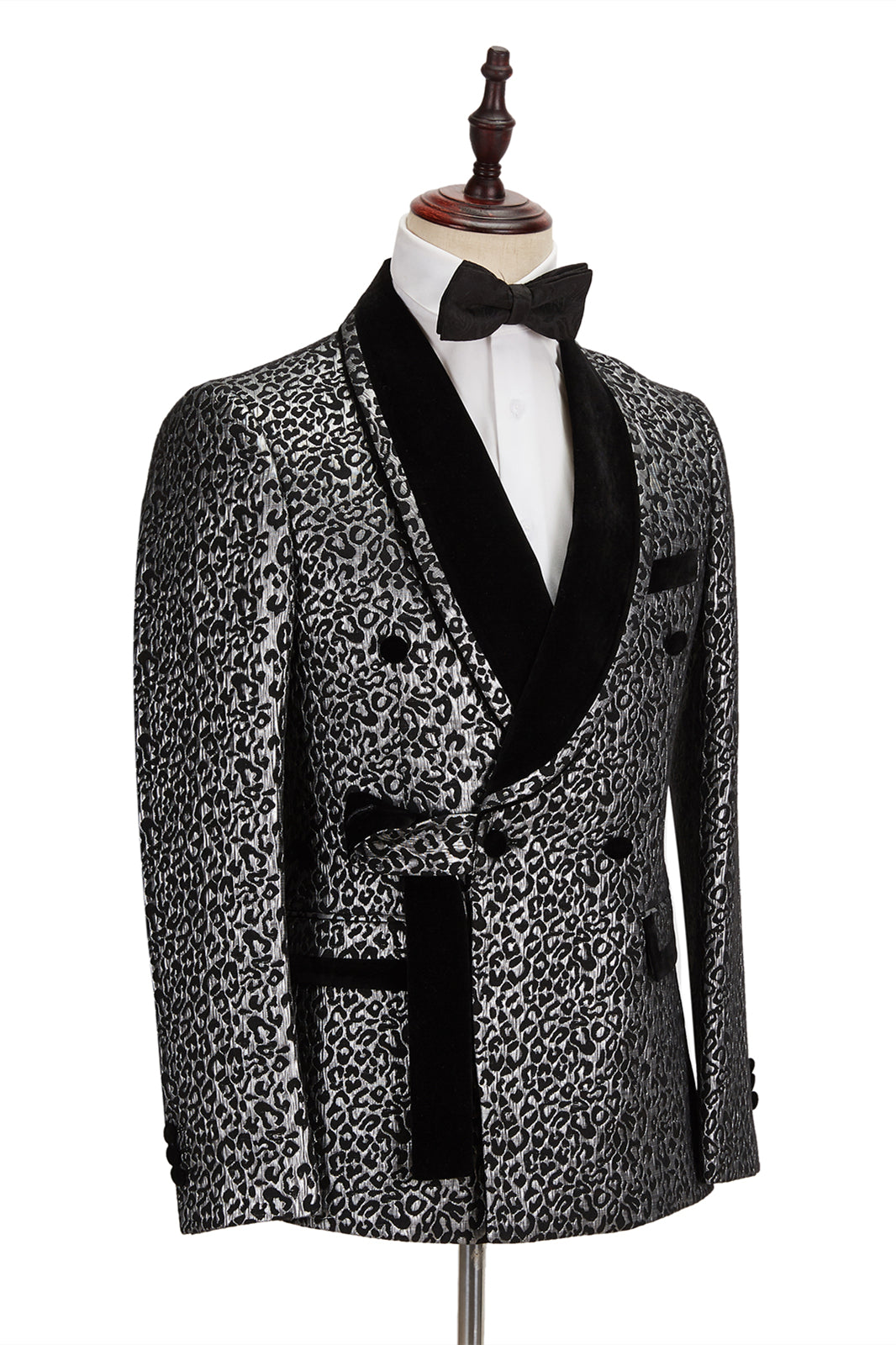 Black Stitching Silver Leopard Jacquard Men's Suit | Formal Shawl Lapel Double Breasted Wedding Suit with Shirt-BallBride