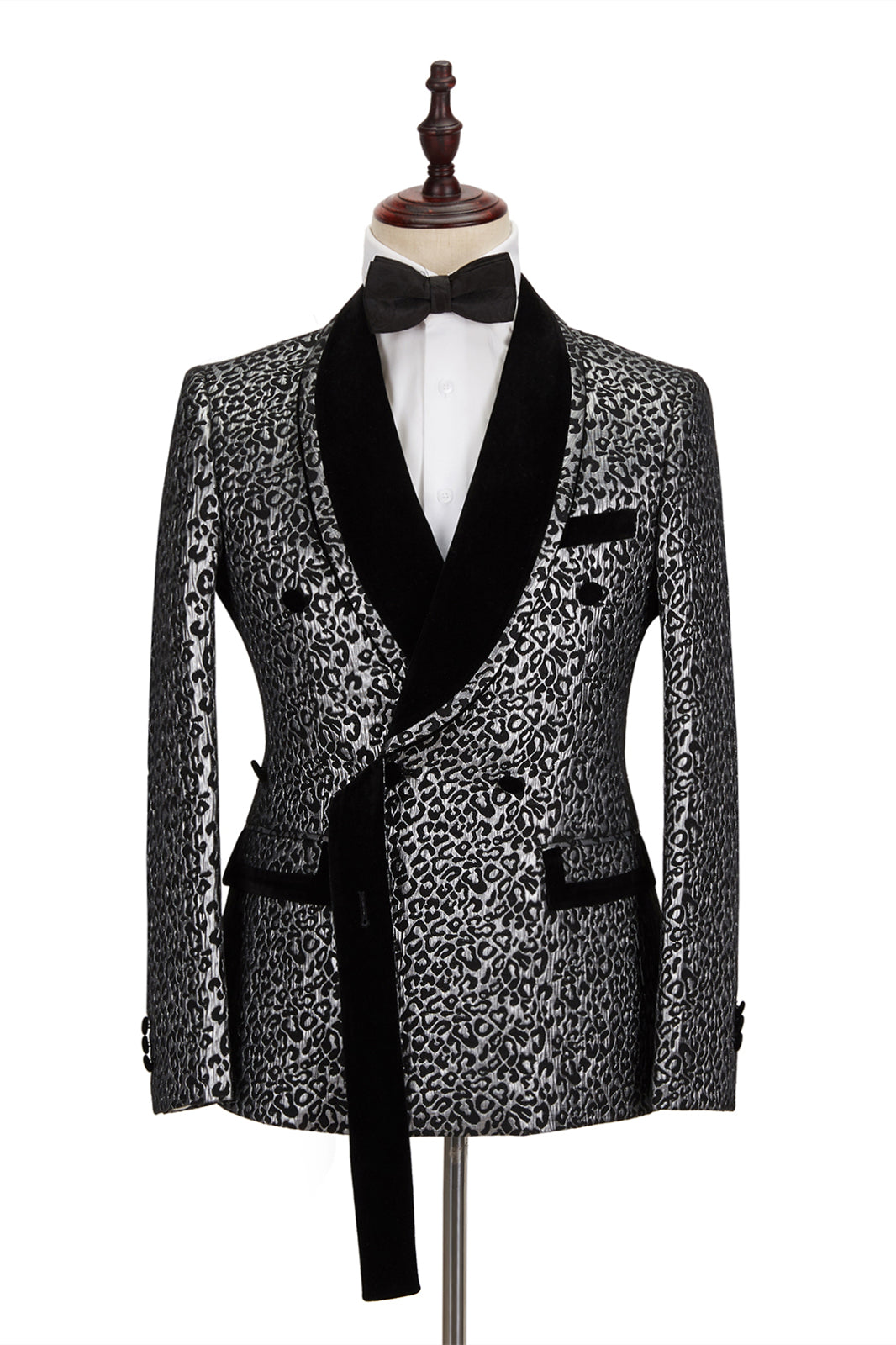 Black Stitching Silver Leopard Jacquard Men's Suit | Formal Shawl Lapel Double Breasted Wedding Suit with Shirt-BallBride
