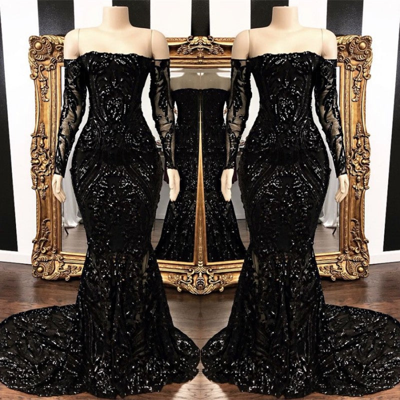 Black Strapless Long Sleeves Beaded Paillette Embroidery Prom Dress-BallBride