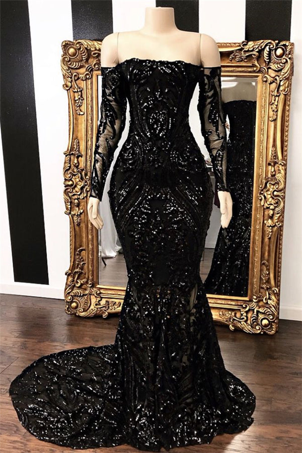 Black Strapless Long Sleeves Beaded Paillette Embroidery Prom Dress-BallBride