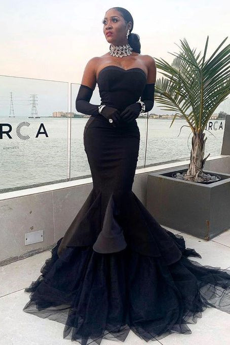 Black Strapless Tulle Mermaid Prom Dress with Waist-Skimming Gloves-BallBride