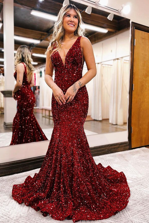 Black V-Neck Sequined Mermaid Evening Dress For Party Online-BallBride