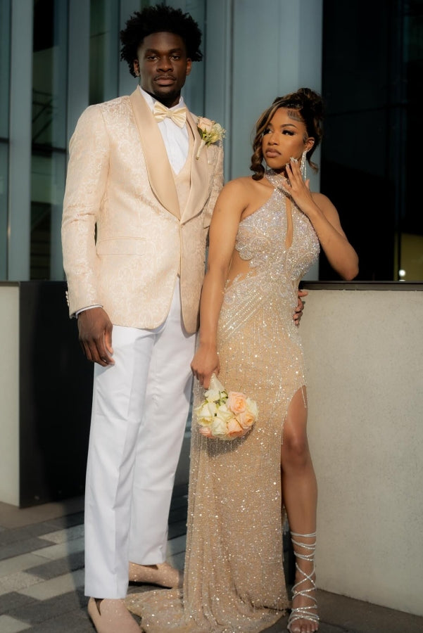 Bling Champagne Sequins High Neck Mermaid Prom Dress with Keyhole-BallBride
