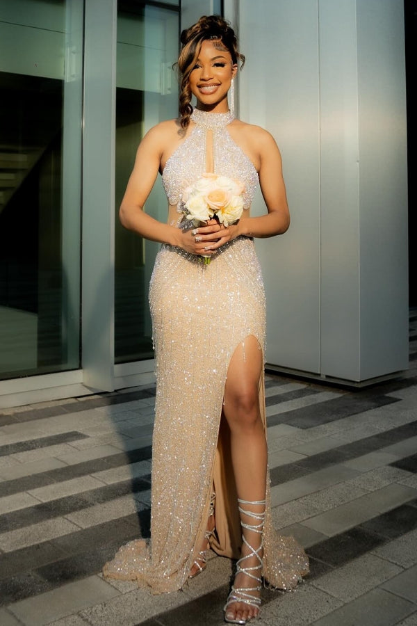 Bling Champagne Sequins High Neck Mermaid Prom Dress with Keyhole-BallBride