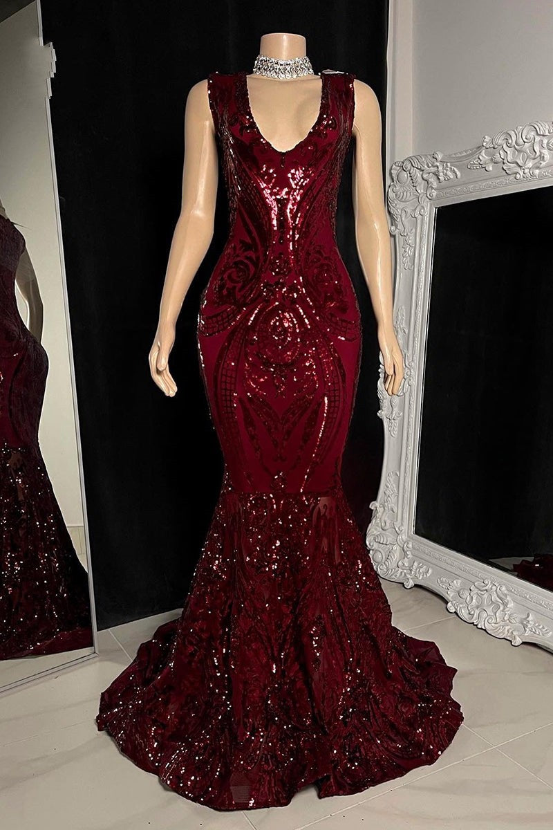 Bling Red Appliques V-Neck Sleeveless Prom Dress-BallBride