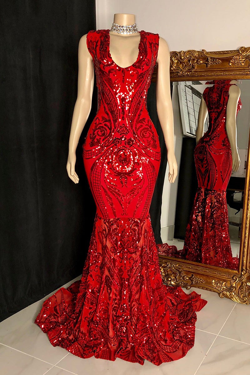 Bling Red Appliques V-Neck Sleeveless Prom Dress-BallBride