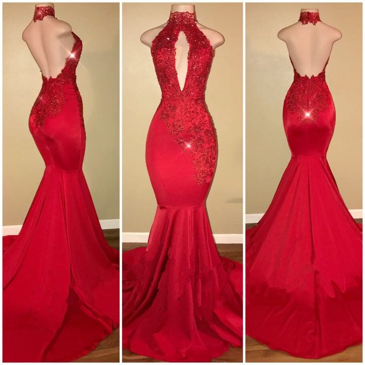 Bling Red High Neck Appliques Sequined Mermaid Prom Dress with Keyhole-BallBride