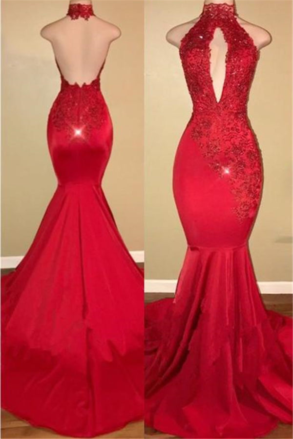 Bling Red High Neck Appliques Sequined Mermaid Prom Dress with Keyhole-BallBride