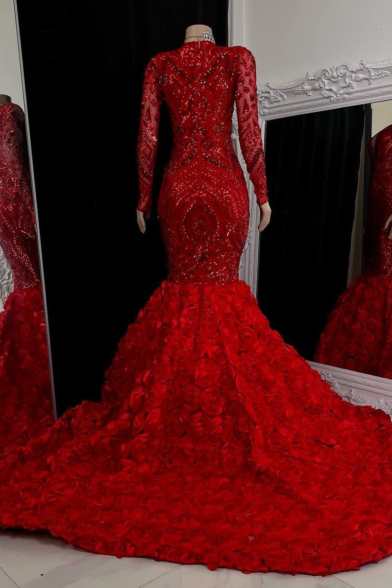 Bling Red Mermaid Long Sleeves Crystal V-Neck Prom Dress-BallBride