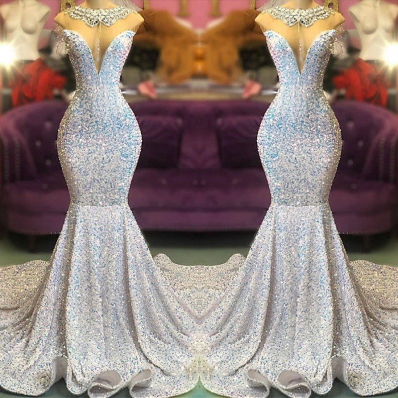 Bling Silver Sequins Mermaid Sleeveless Crystal Prom Dress-BallBride