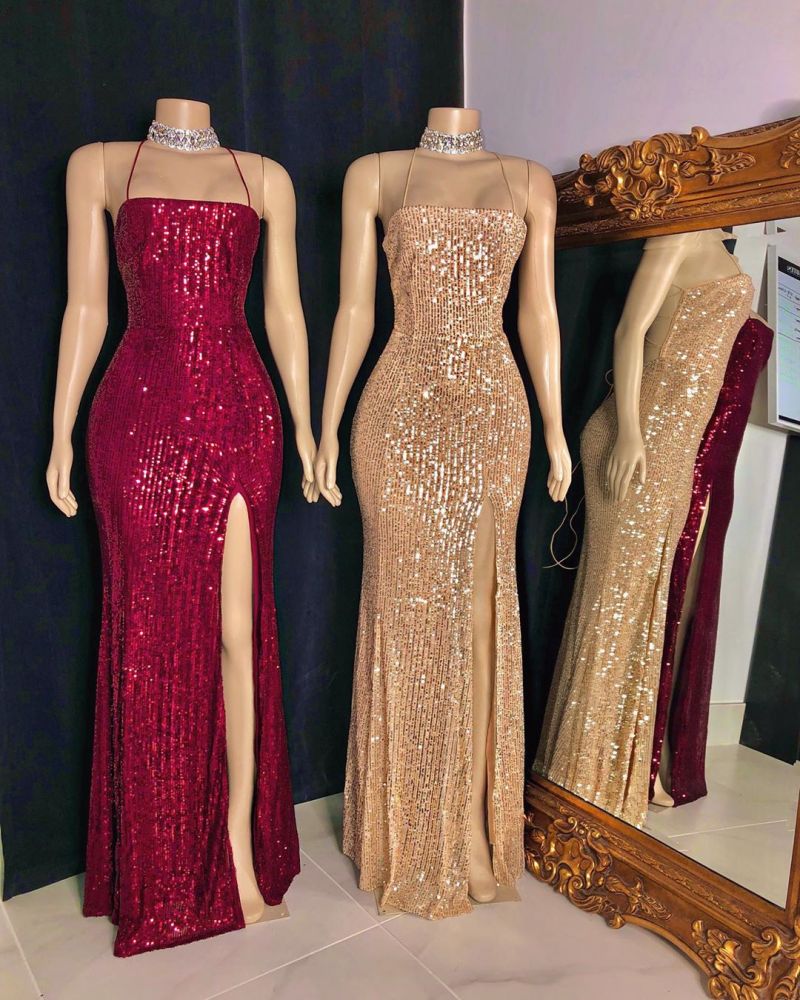 Blingbling Sequins Spaghetti Strap Side Slit Floor-Length Prom Dress-BallBride