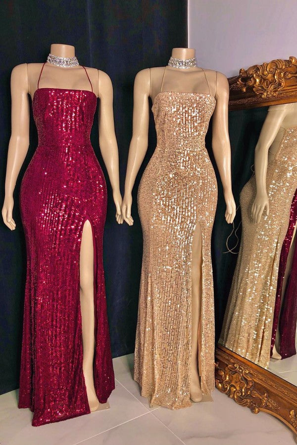 Blingbling Sequins Spaghetti Strap Side Slit Floor-Length Prom Dress-BallBride
