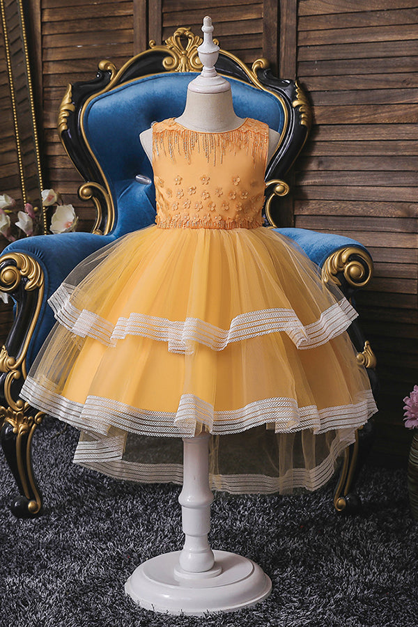 Blue Jewel Sleeveless Flower Girl Ball Gown Dress with Appliques-BallBride