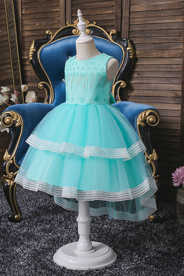 Blue Jewel Sleeveless Flower Girl Ball Gown Dress with Appliques-BallBride