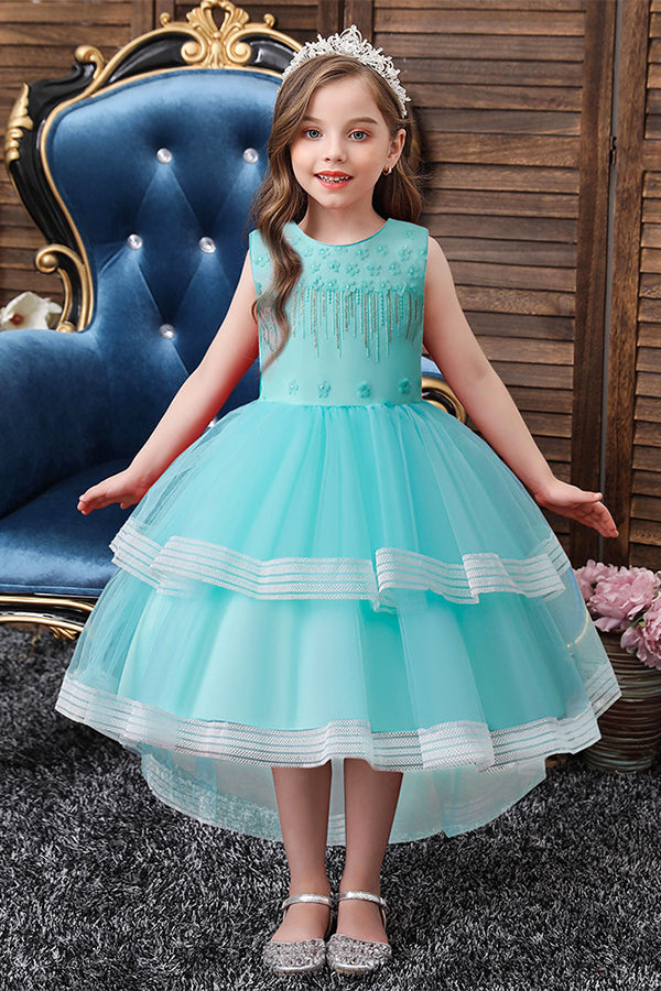 Blue Jewel Sleeveless Flower Girl Ball Gown Dress with Appliques-BallBride