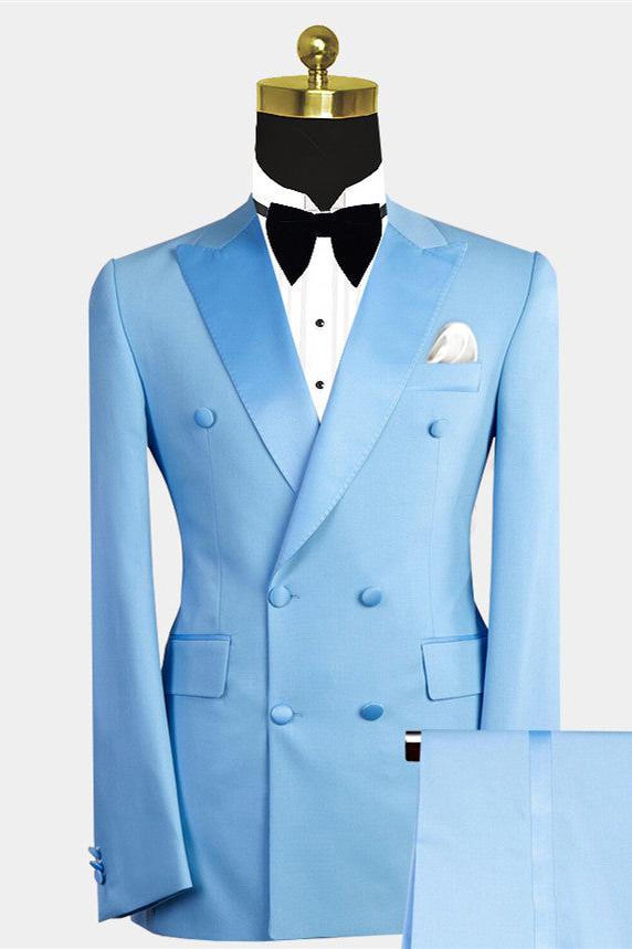 Blue Peaked Lapel Double-Breasted Wedding Suit For Men-BallBride
