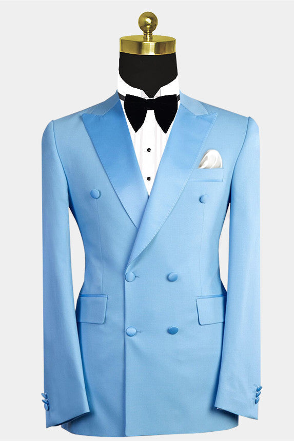 Blue Peaked Lapel Double-Breasted Wedding Suit For Men-BallBride