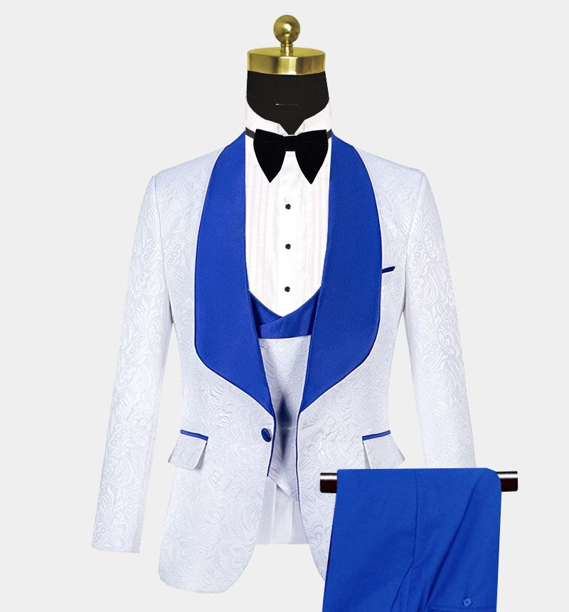 Blue Shawl Lapel White Jacquard Men's Wear Suit For Groom-BallBride